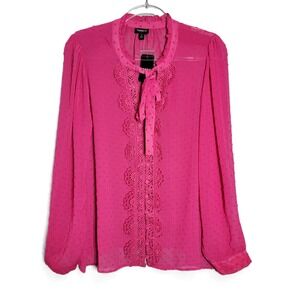 Torrid 1X Pink Gauze Clip Dot Ruffle Neck Tie Front Blouse Button Up NWT
